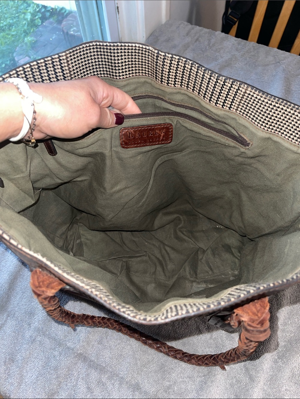 Ralph Lauren Brown Plaid Tote with Braided Leather Handles - Picture 4 of 8